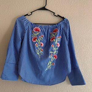 Forever 21 Blue and White Off-Shoulder Embellished Blouse